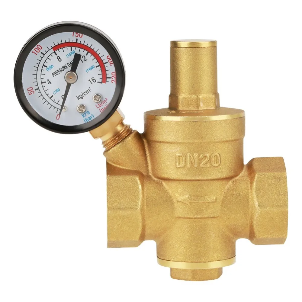 DN20 Size Water Pressure Regulator With Meter Adjustable Pressure Reducing Valve Brass Material Brass Water Valve
