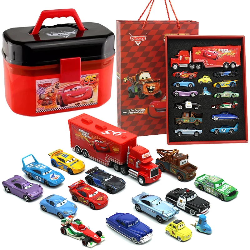 Disney Pixar Cars 2 3 Lightning McQueen Storage Box Metal Model Car 1:55 Diecast Vehicle Toy For Children Birthday Gift Box Set