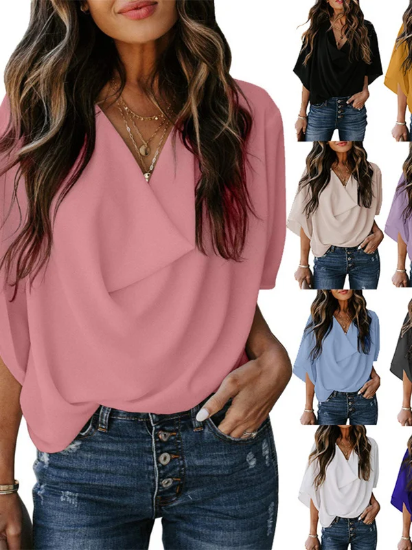 قميص نسائي فضفاض بياقة على شكل V بلون سادة، قميص مريح وعصري للصيف مصنوع من البوليستر بأكمام عادية الطول