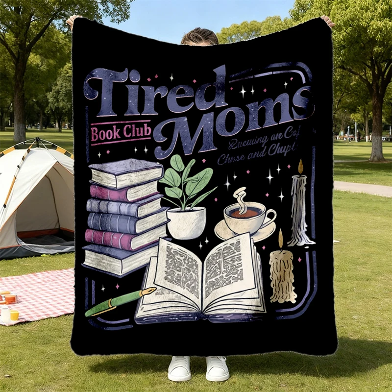 Tired Moms Book Club Flannel Blanket, Retro Coffee Reader Flannel Throw, Book Lover Gift
