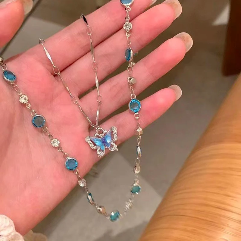Exquisite Blue Crystal Butterfly Pendant Double Layer Necklace for Women New Elegant Charming Clavicle Chain Girls Party Jewelry