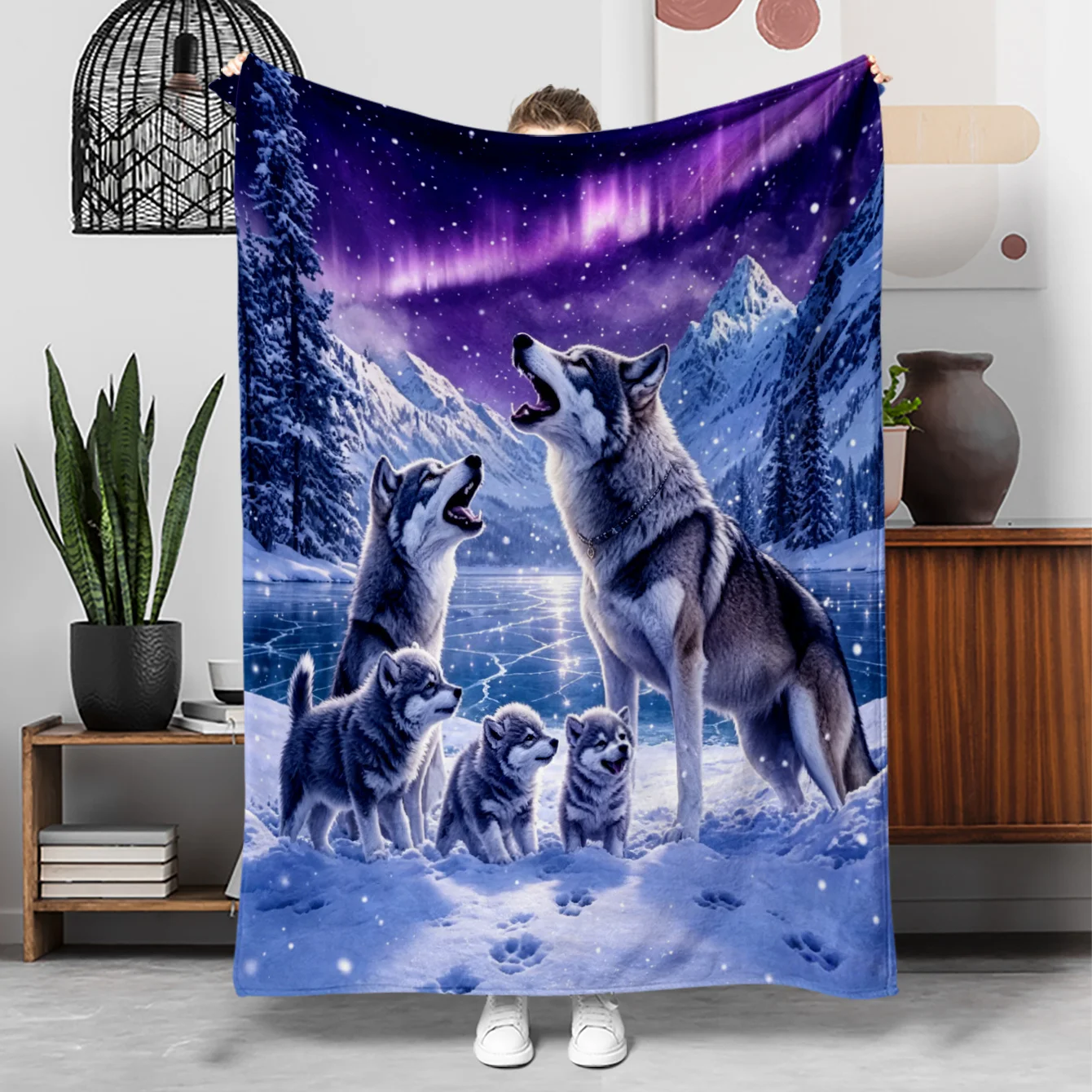 Vibrant Aurora Wolf Family Winter Scene Throw Blanket Cozy Pet Lover Gift for Home Decor