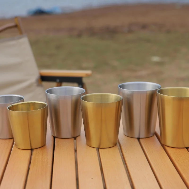 Barbecue Outdoor Camping Stainless Steel Double-Layer Cups Heat Insulation Cup Beer Steins Golden Travel Net Pocket Suit