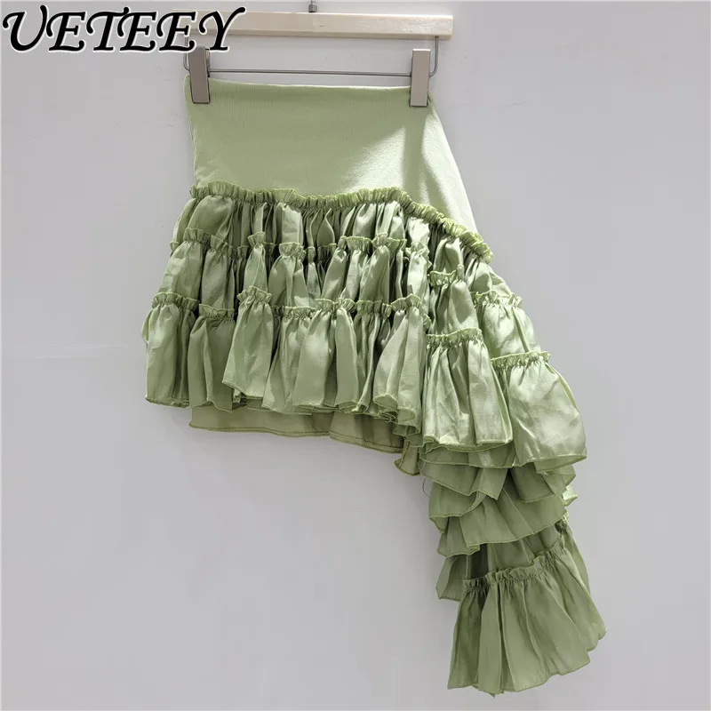 صيف جديد الفرنسية عالية الخصر غير النظامية كشكش ليف تنورة المرأة صديرية دائرية اثنين ارتداء بلون الربط تنوعا التنانير