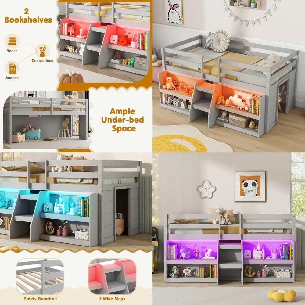 

Двухъярусная деревянная кровать размера Twin с LED-подсветкой, лестницей, защитным ограждением, местом для хранения и игровой зоной, серого цвета
