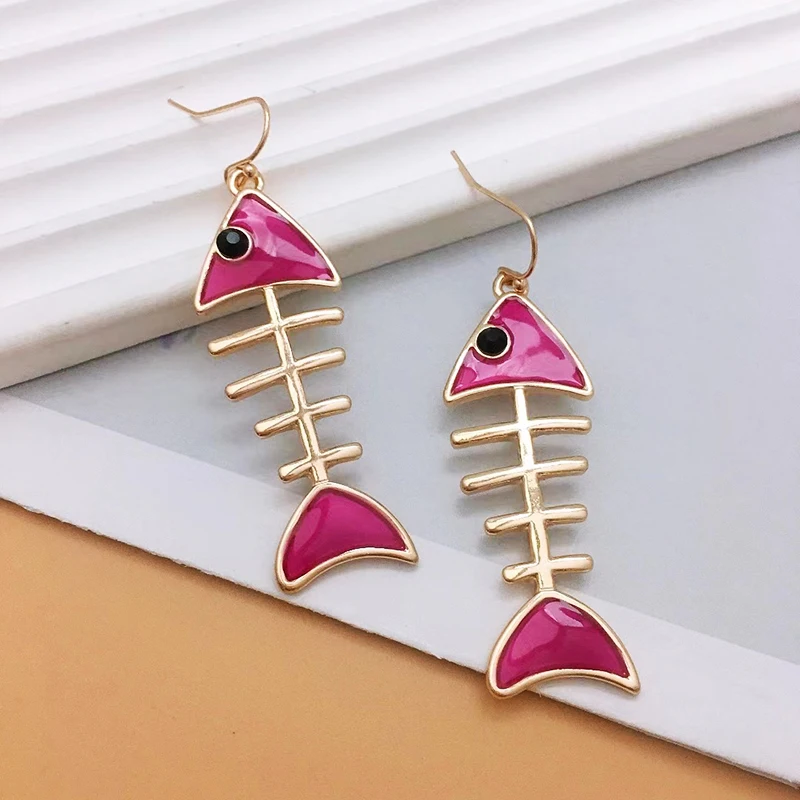 Fashion Colored Enamel Fish Shaped Earrings for Women 2024 New Tremdy Gold-plated Metal Fish Bone Earring Jewelry Accessories