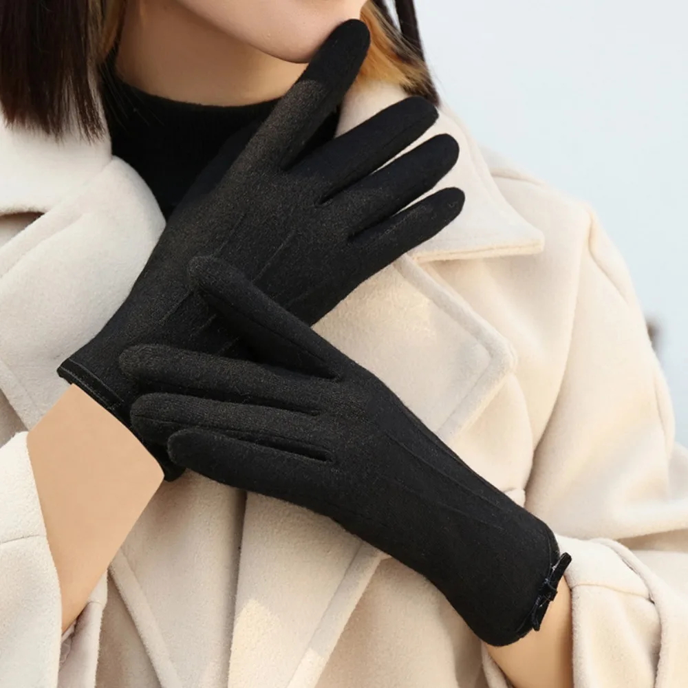 

Faux Cashmere Bow Anti-cold Mittens Touch Screen Solid Color Soft Thickened Gloves Sewn Korean Style Elasticity Finger Mittens