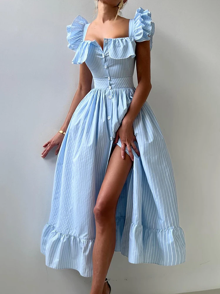 

Trendix Women's Blue Striped Elegant Maxi Dress Slim High Waist Ruffle Long Dresses Party Sexy Button Patchwork Evening Dress