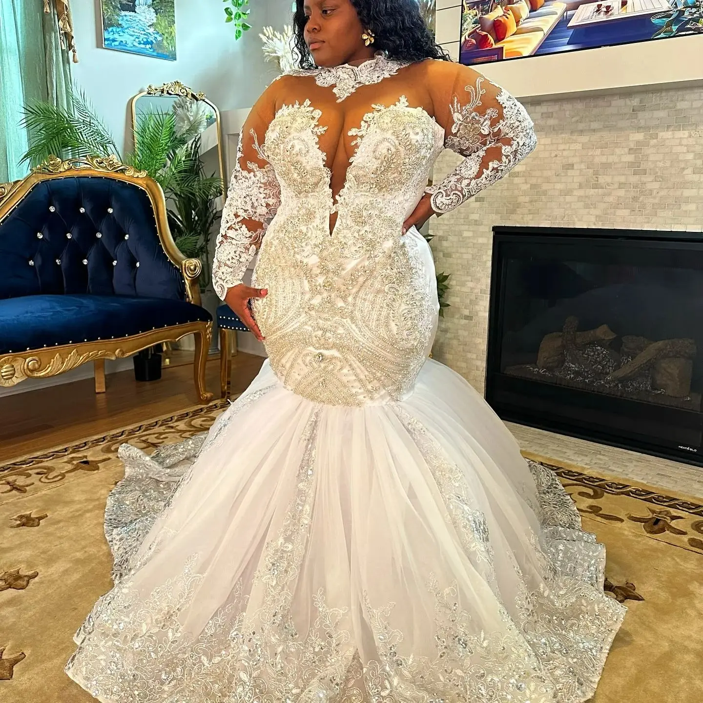 

Customized High Neck Shinny Crystals Beads Plus Size Bridal Dress Vestidos De Novia Full Sleeves Corset Back Wedding Gowns