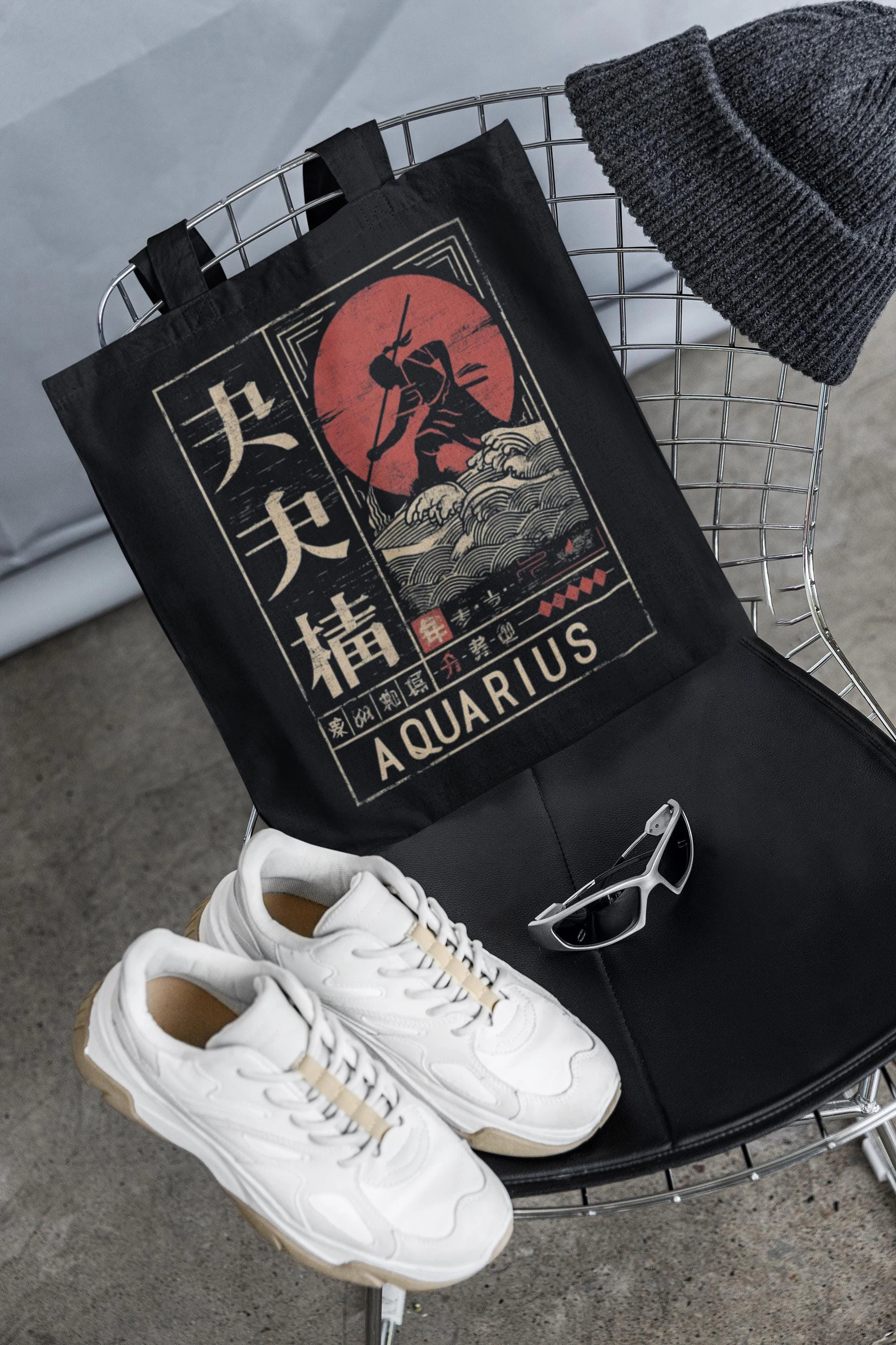 

Aquarius Zodiac Samurai Canvas Tote Bag, Japanese Retro Print Eco-Friendly Reusable Shoulder Bag for Astrology Lovers