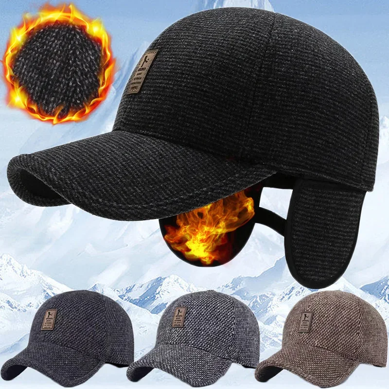 Winter Baseball Cap Woolen Knitted Ear Cover Caps for Men Dad Thicken Fleece Warm Hats with Earflaps Sport Golf Snapback Gorras