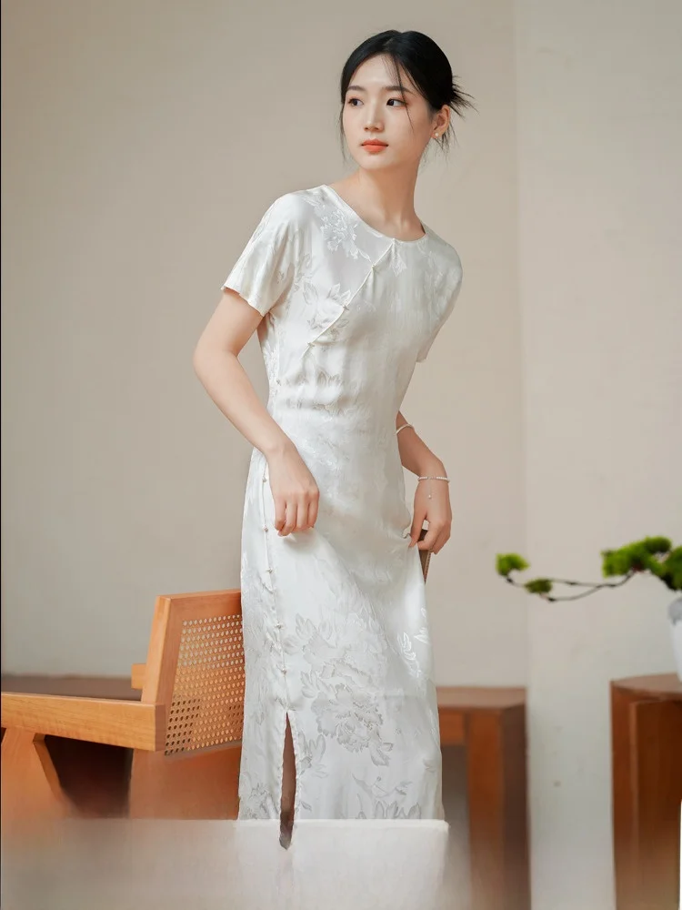 

New Chinese Sle Long Silk Embroidered Peony round Ne Dr Art in Single Piece Summer Women's Loose Waist H Version Dr