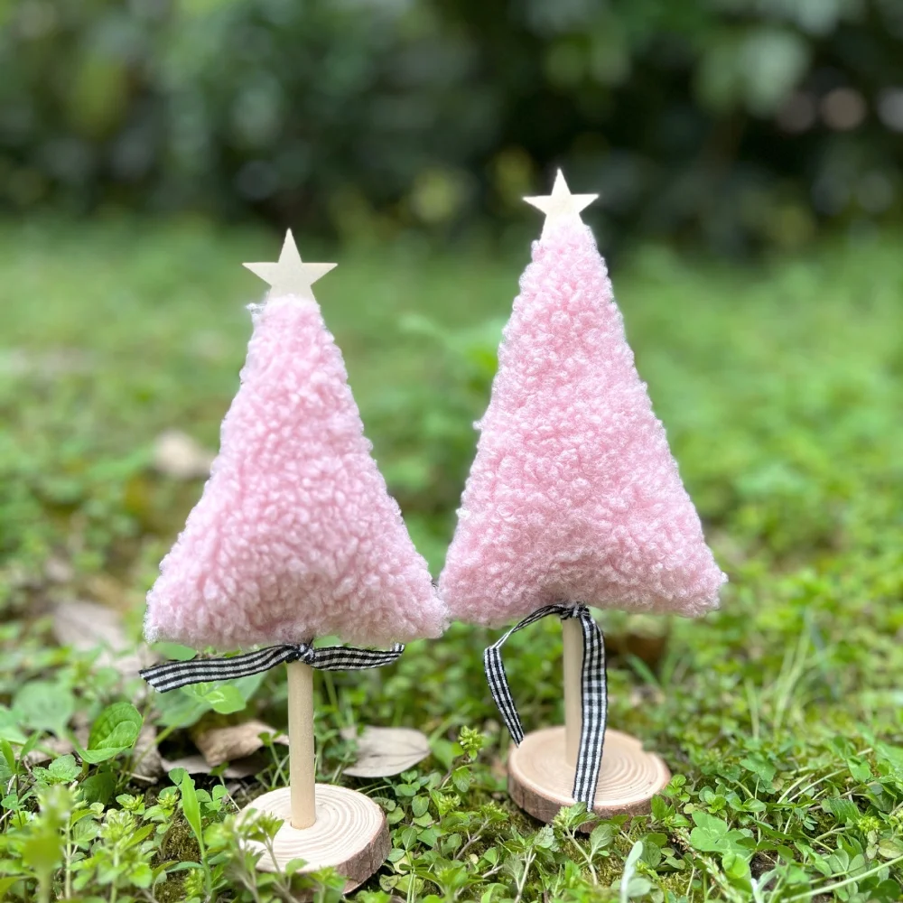 3pcs Sherpa Christmas Tree Ornament With Topper Star Yarn Table Decoration Solid Color Tree Set Festive Holiday Accessory