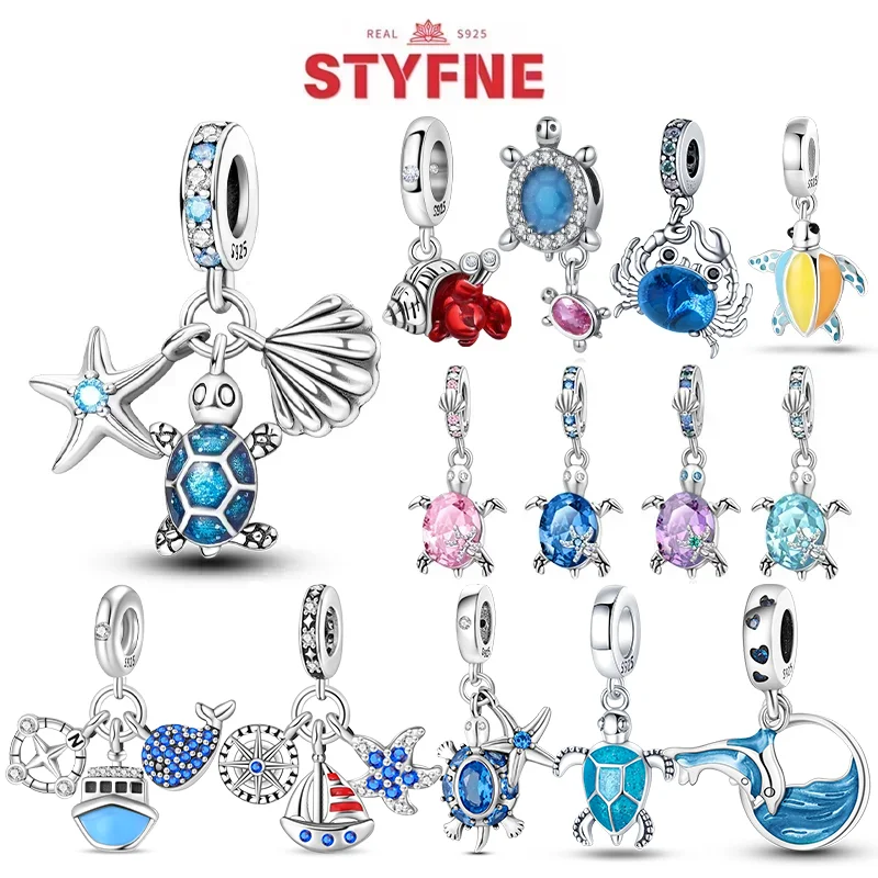 

925 Sterling Silver Ocean Series Blue Turtle Starfish Shell Fit Original Bracelet Charms for Women diy Fine Jewelry Gifts