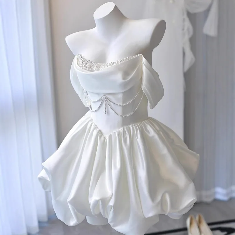 

Satin One Shoulder Light Wedding Dress French Niche High-end Sense Short Style Engagement Birthday Party Dress Customization