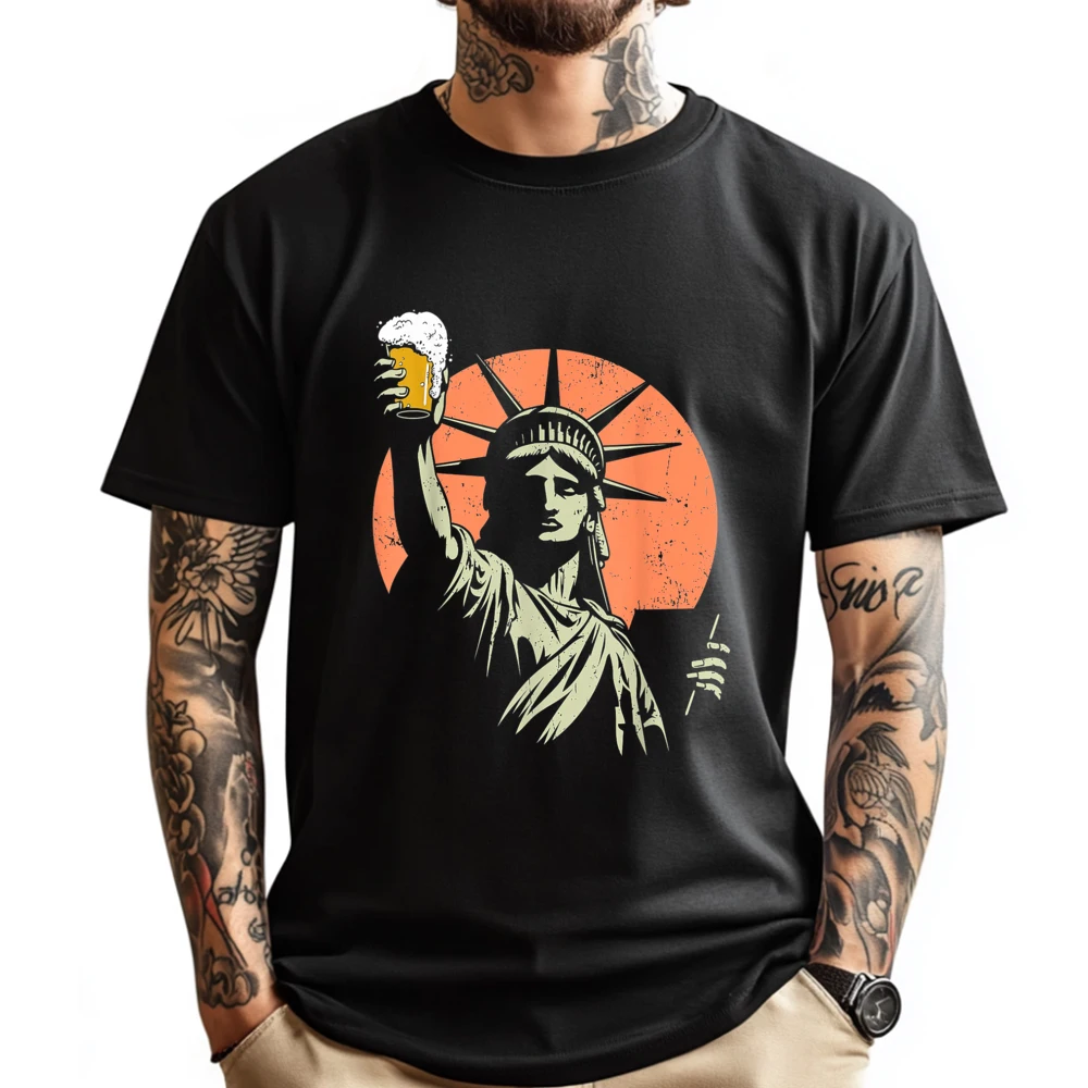 

Lady Liberty Drinks Beer Funny Toast To Freedom Men's T-Shirts DURABLE Men's Clothing Christmas