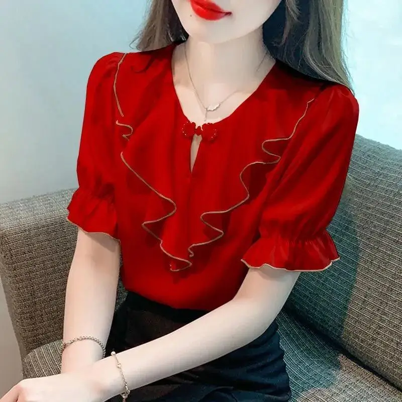 Red Solid Color V Neck Blouse with Ruffle Trim Puff Sleeve Short Sleeve Women Sweet Style Loose Fit Summer Top