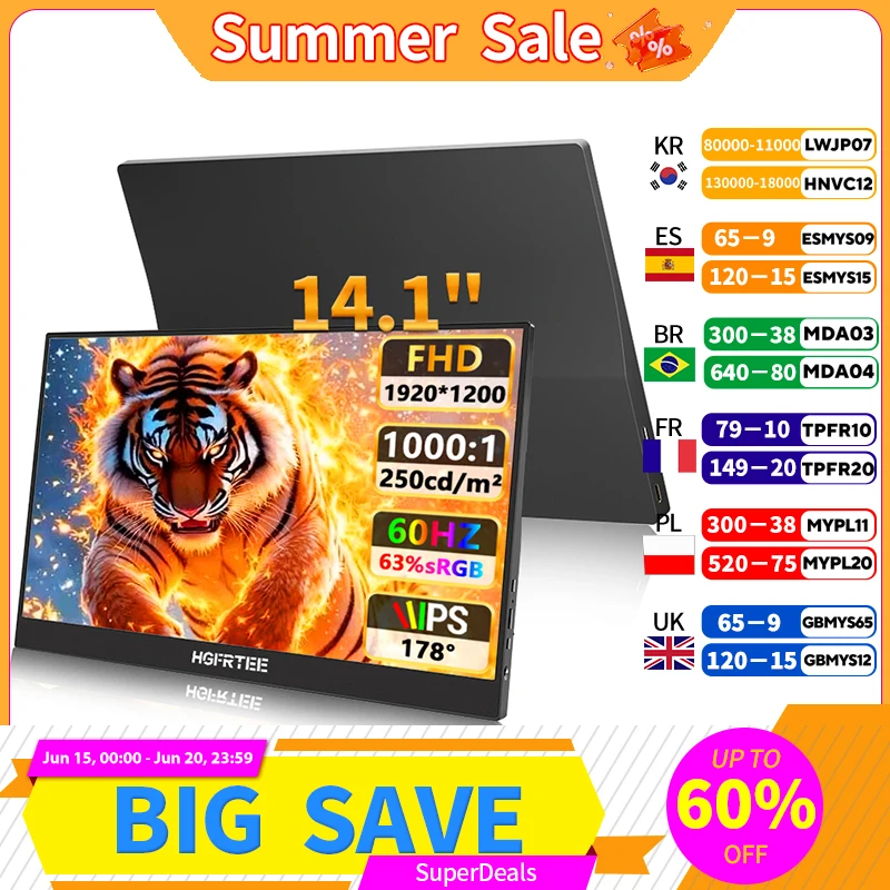 

HGFRTEE 14 inch Portable monitor IPS Panel Screen USB Type C mini HDMI-Compatible Gaming Extended Display For Laptop Switch PS5