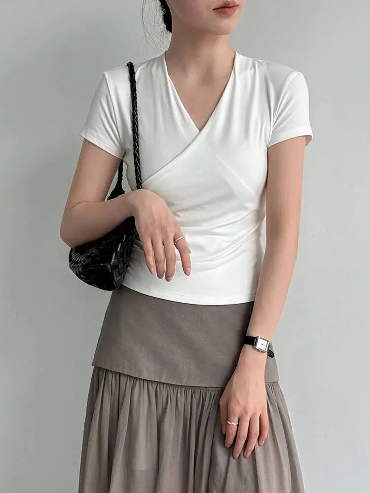 

Women White Slim Cross Pleated Slim Elegant T-shirt New V-Neck Short Sleeve Fashion Tide Spring Summer
