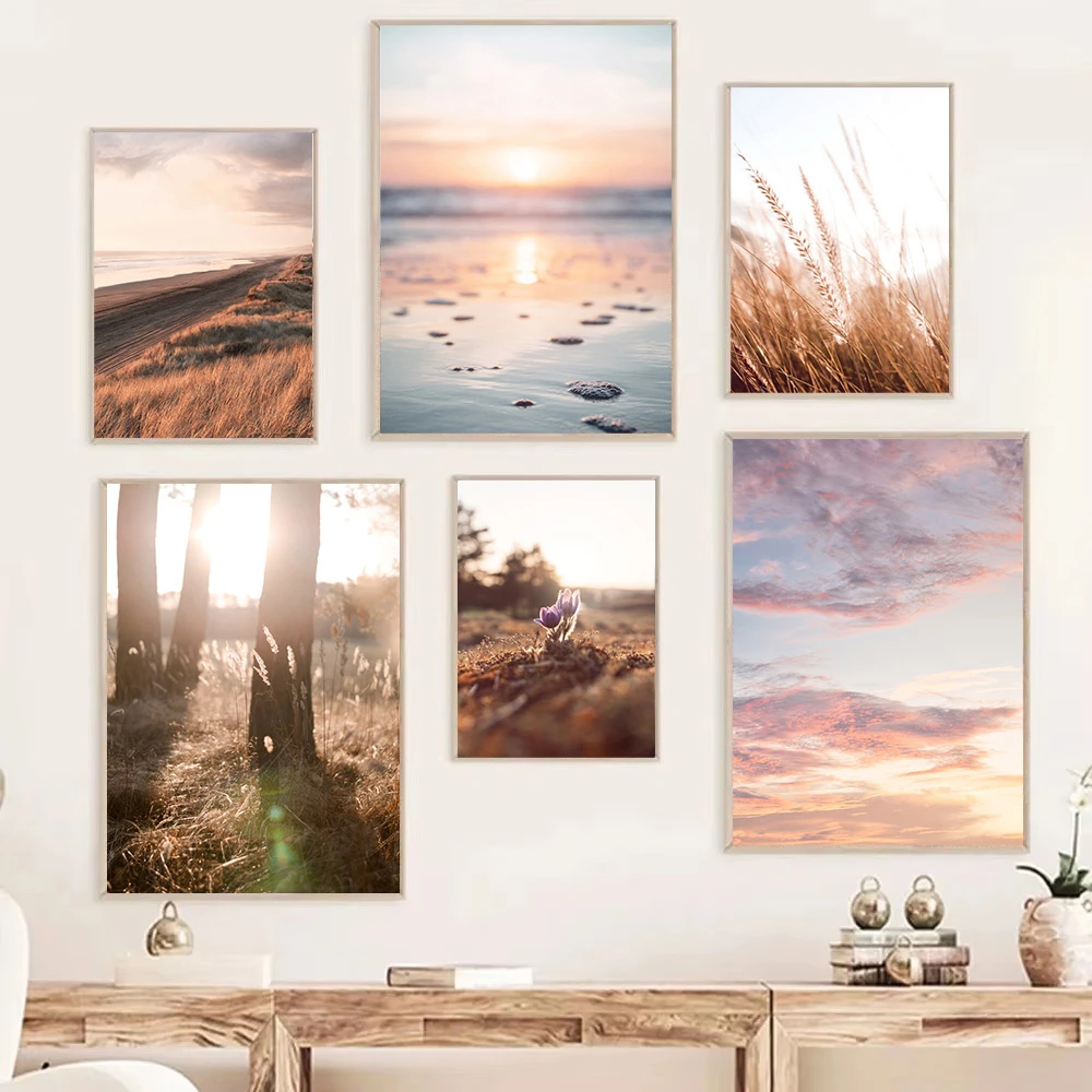 Sunset Grass Reed Poster Art Painting Nature Landscape Canvas Wall Art Print Nordic Posters And Prints Picture Living Room De