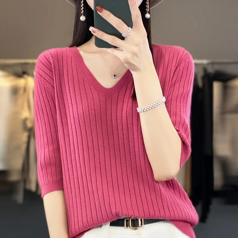 

Pop Women's Sweater Spring Summer Short Sleeve V-neck Knit Shirt Casual Korean Pullovers Stripe Bottoming Shirt Slim Fit Jumpers