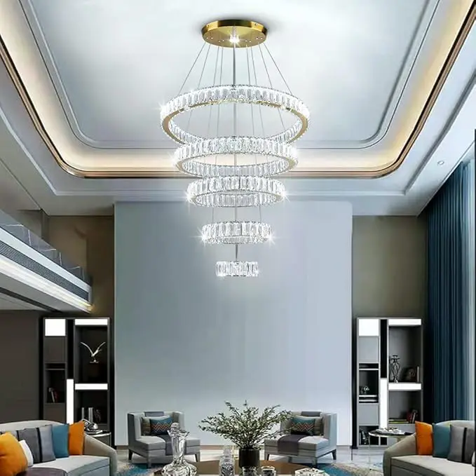 Dixun LED Crystal Chandeliers, Modern 5 Rings Pendant Light Titanium Gold Stainless Steel Height Adjustable Ceiling Light for Be