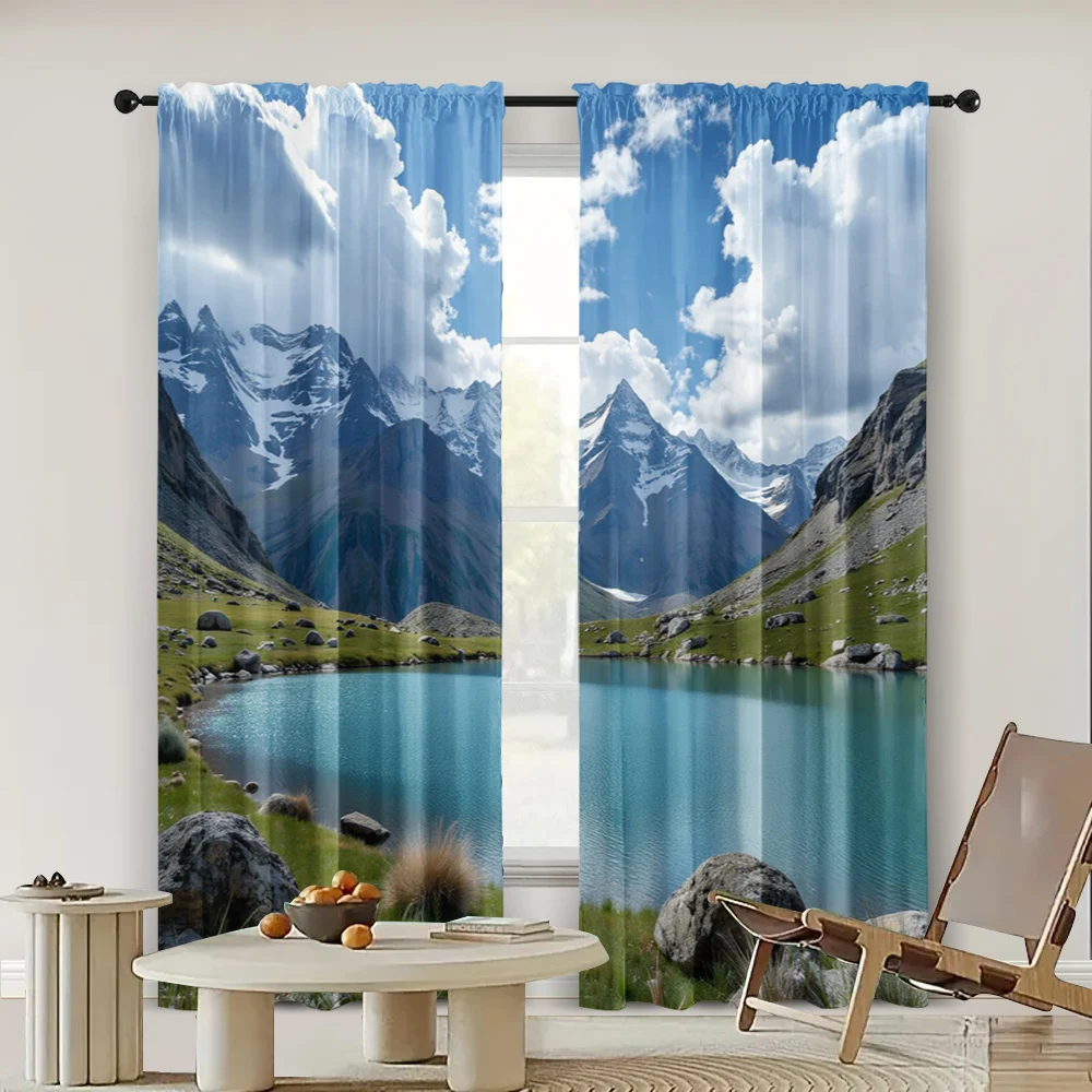 2pc,  Drapes Rugged rocky hills, snowy mountains and golden brown meadows Versatile Fabric,Without Electricity Festive Wall