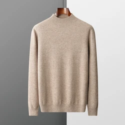 New Men's 100% Merino Wool Mock Neck Pullover Soft Warm Jumpers Quality Cashmere Sweater Casual Smart Knitwear Basic Tops Clothi