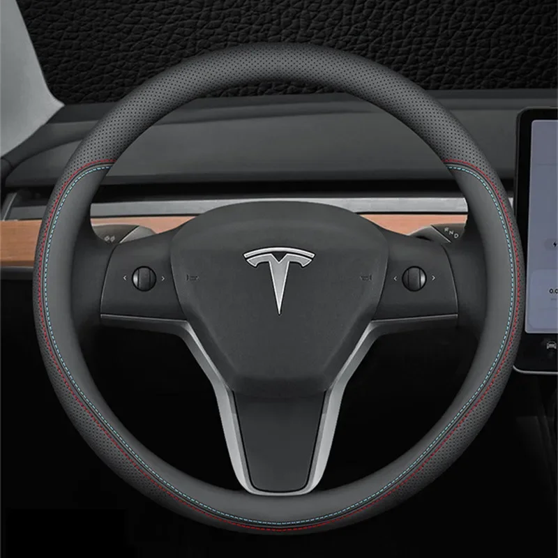 

For Tesla Model 3 Y S X 2019 - 2023 Nappa Leather Car Steering Wheel Cover 4 Seasons 36-38 CM Black Auto Interior Accessories