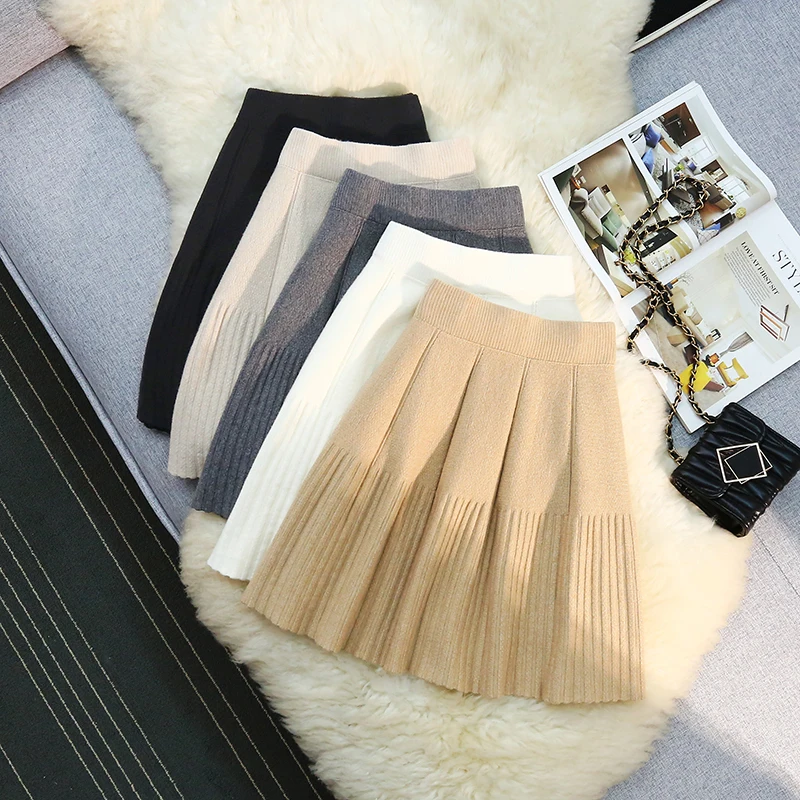 

Women New Autumn Winter Solid Pleated Short Skirt Casual Elastic High Waist Sexy Slim Female A-line Korean Knitted Mini Skirts