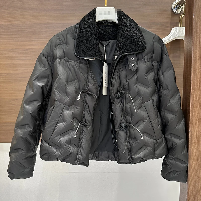 Winter Lamb Wool Lapel Short Down Jacket Female Thicken Warm Loose Jackets Women White Duck Down Single Breasted Parker Outwears