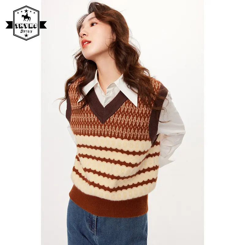 

Autumn Striped Vest Sweater Harajuku V-Neck Sweaters Women Vintage Pullovers Causal Loose Unisex Knitted Vests Couple Tops New