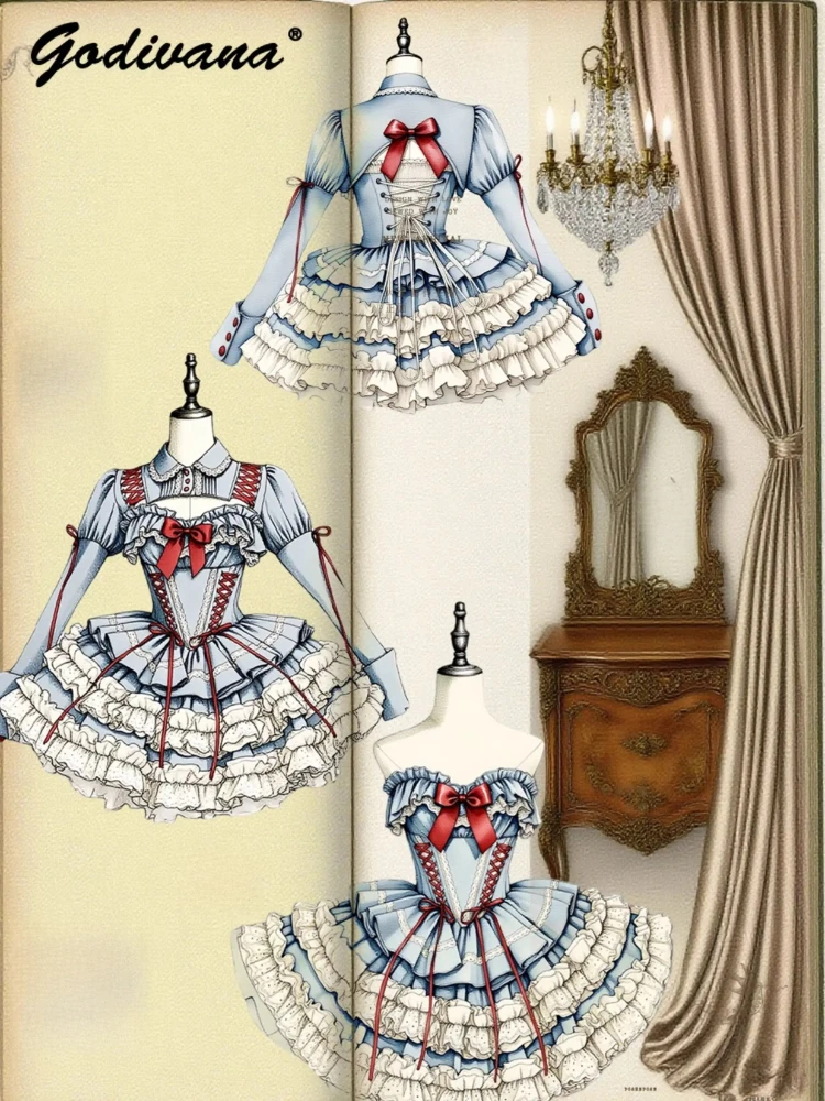 

Милый комплект женских платьев принцессы в стиле ретро для девочек, кружевной топ в стиле Лолиты со шнуровкой, топ-труба, накидка с длинными рукавами, пышная юбка-тортик, комплект из 3 предметов