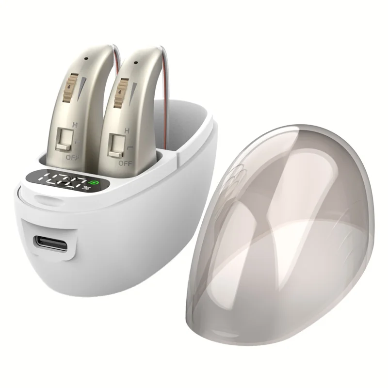 Oplaadbare mini-over-ear-hoortoestelversterker met oplaadetui Type-C Lage kosten voor ouderen van doven