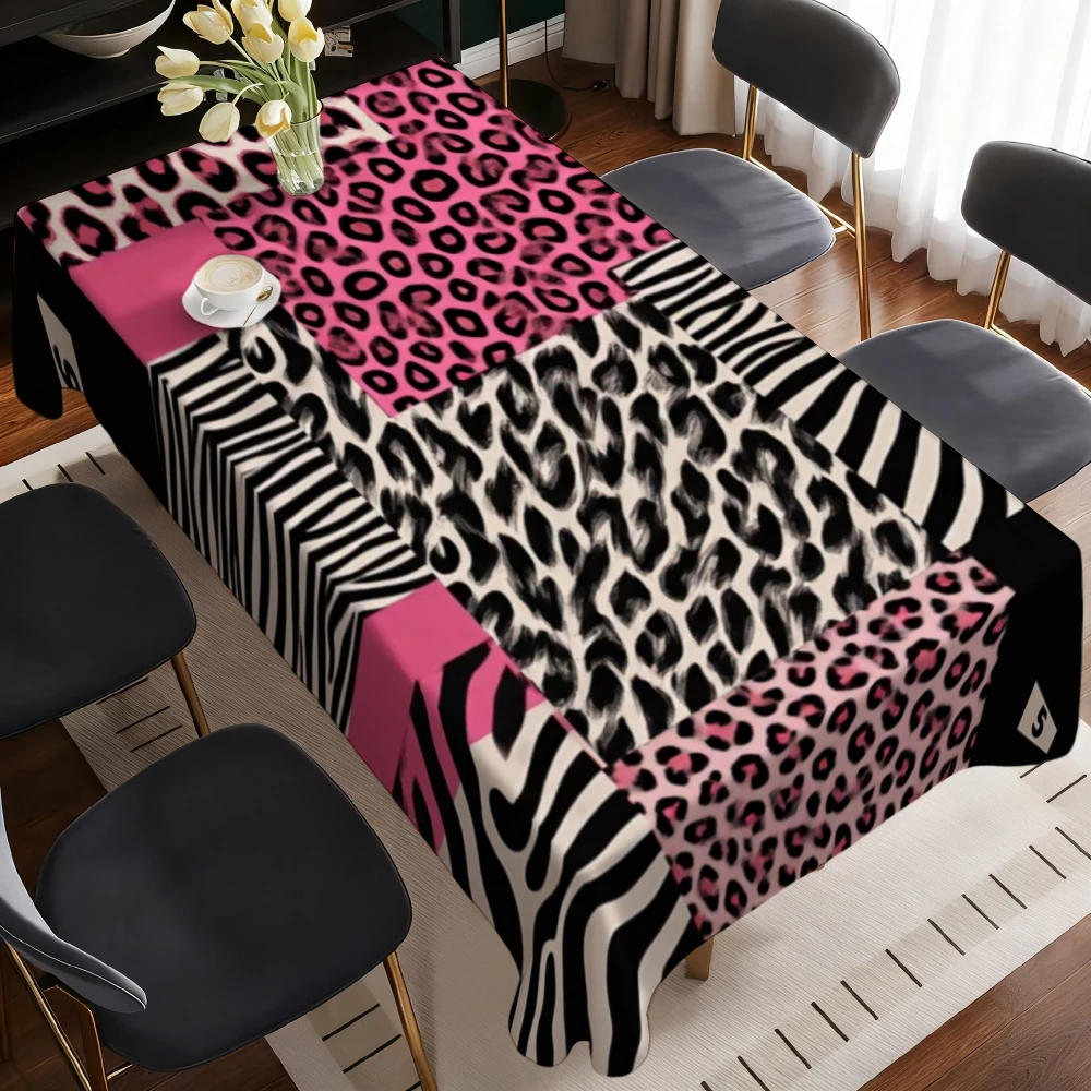 One modern leopard and zebra pattern tablecloth - black, pink and white animal table cover, suitable for home decoration.
