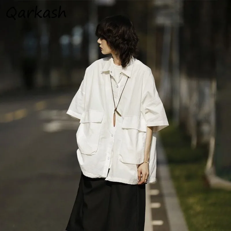 

Short Sleeve Shirts Women Japanese Style Pockets Single Breasted Turn Down Collar Chic Summer Loose All-match OL Couples Unisex