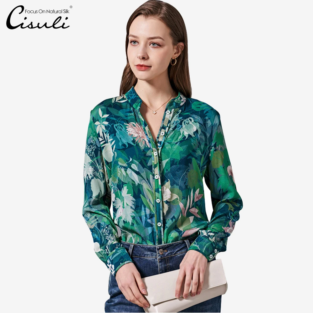 Cisuli Hoge Kwaliteit Ademend Zijde Shirt Pure Moerbei Zijde Lange Shirts Office Lady Fashion Stijl