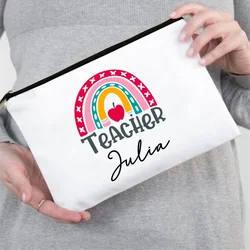 Rainbow Teacher Print Custom Name Stationery Pencil Case Personalized Supplies Storage Bags Travel Wash Pouch Makeup Bag Gifts