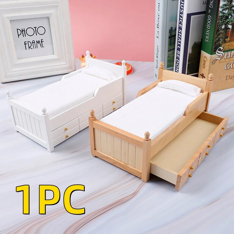 

1pc 1:12 Mini Simulation Furniture Dollhouse Miniature Wood Bed with Drawer Bedroom Model Doll Decoration Ornaments Kids Gifts