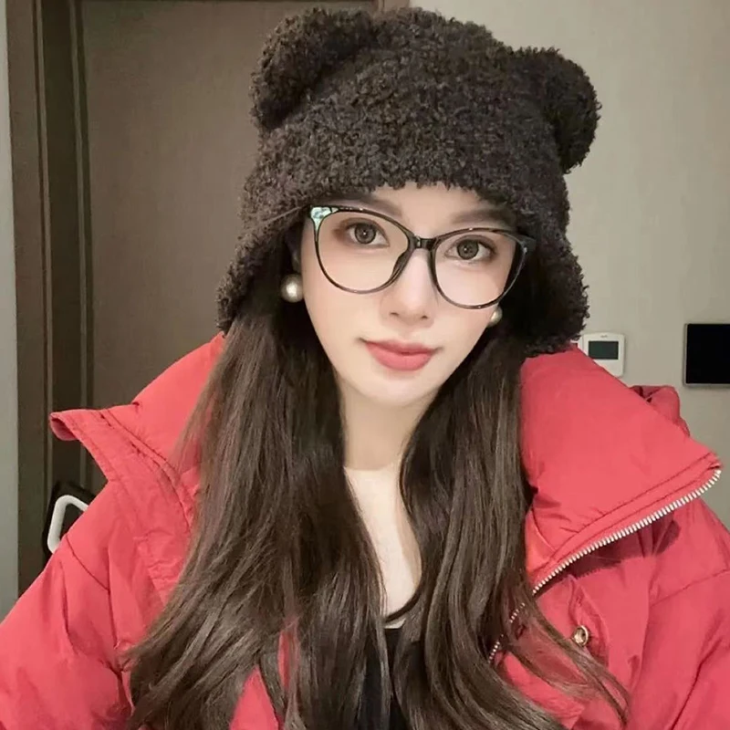 Cute Bear Ear Wool Hat Winter Beanies Warm Lace-up Ear Protection Knitted Bomber Cap Bonnets Knitting Korea Women Warm image 4