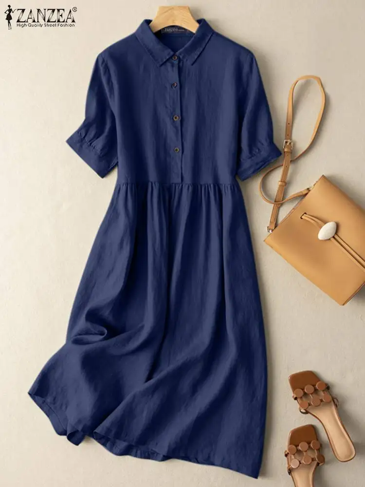 

Casual Turn Down Collar Dress Vintage Short Sleeve Summer Dresses For Women ZANZEA Female A Line Sundress Vestidos Wholesale