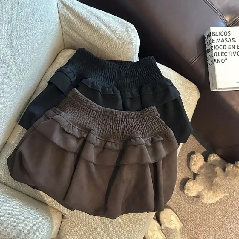 กระโปรงมินิทรงเค้กแต่งระบาย ฤดูใบไม้ร่วง ฤดูหนาว เอวสูง ทรงเข้ารูป พองฟู ทรงเอ สไตล์เกาหลี ชิค ใช้งานได้หลากหลาย