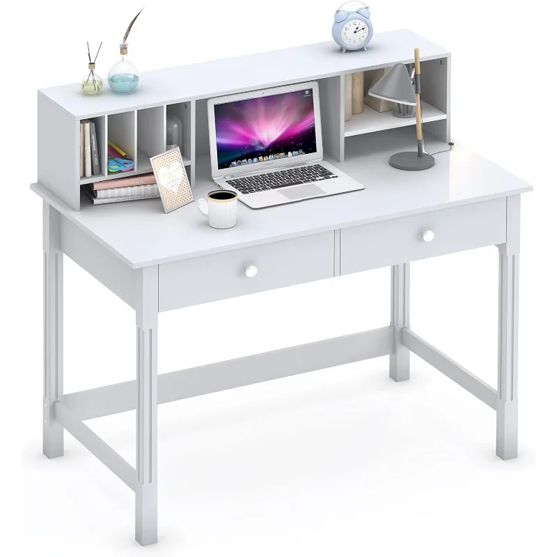 

Computer Desk with Drawers and Hutch, 43.3 inch White Home Office Desks Small Makeup Vanity Desk Table with Storage