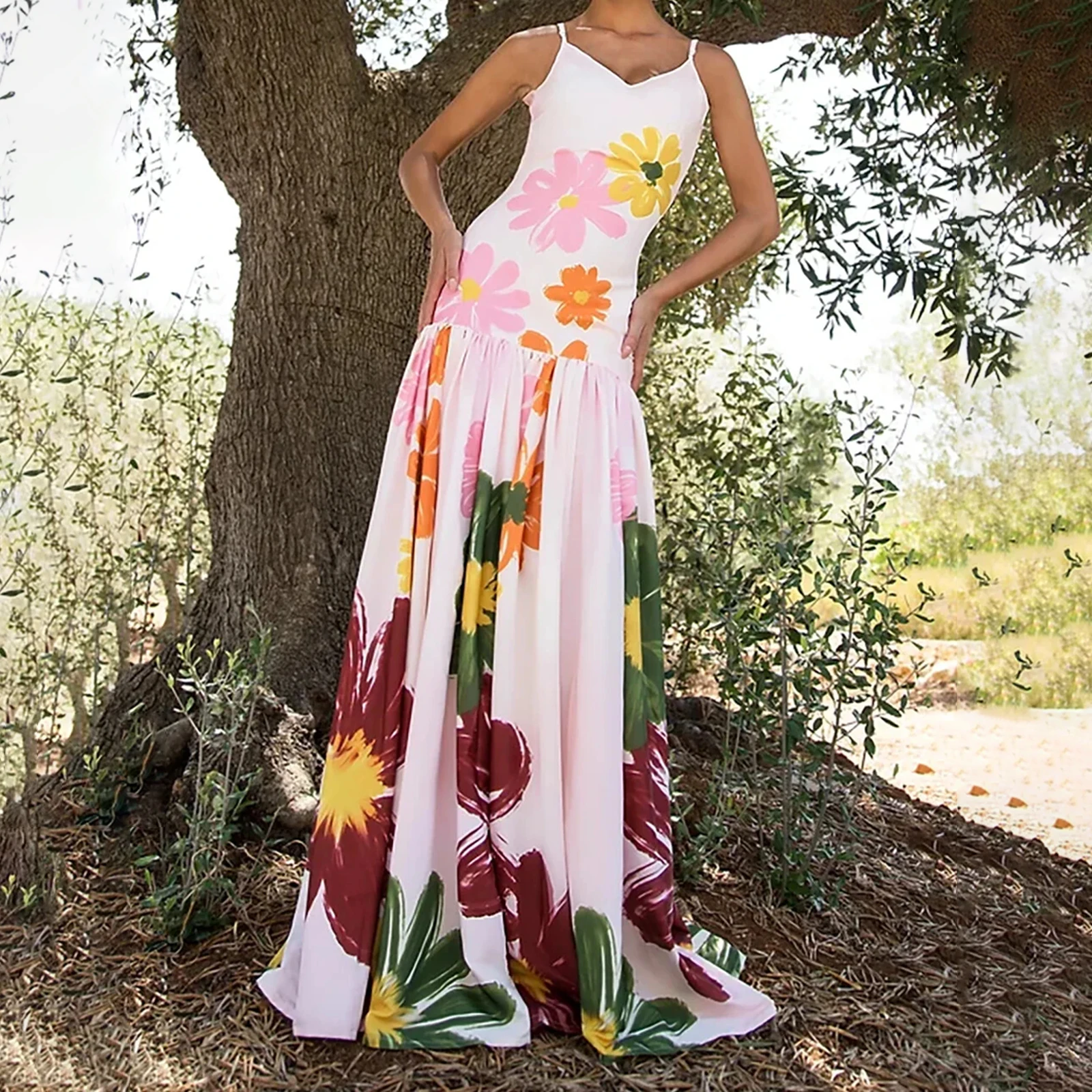 2025 Abiti da festa stile spiaggia Abito estivo lungo da donna senza maniche con stampa floreale Abito con cinturino per spaghetti con orlo fluido