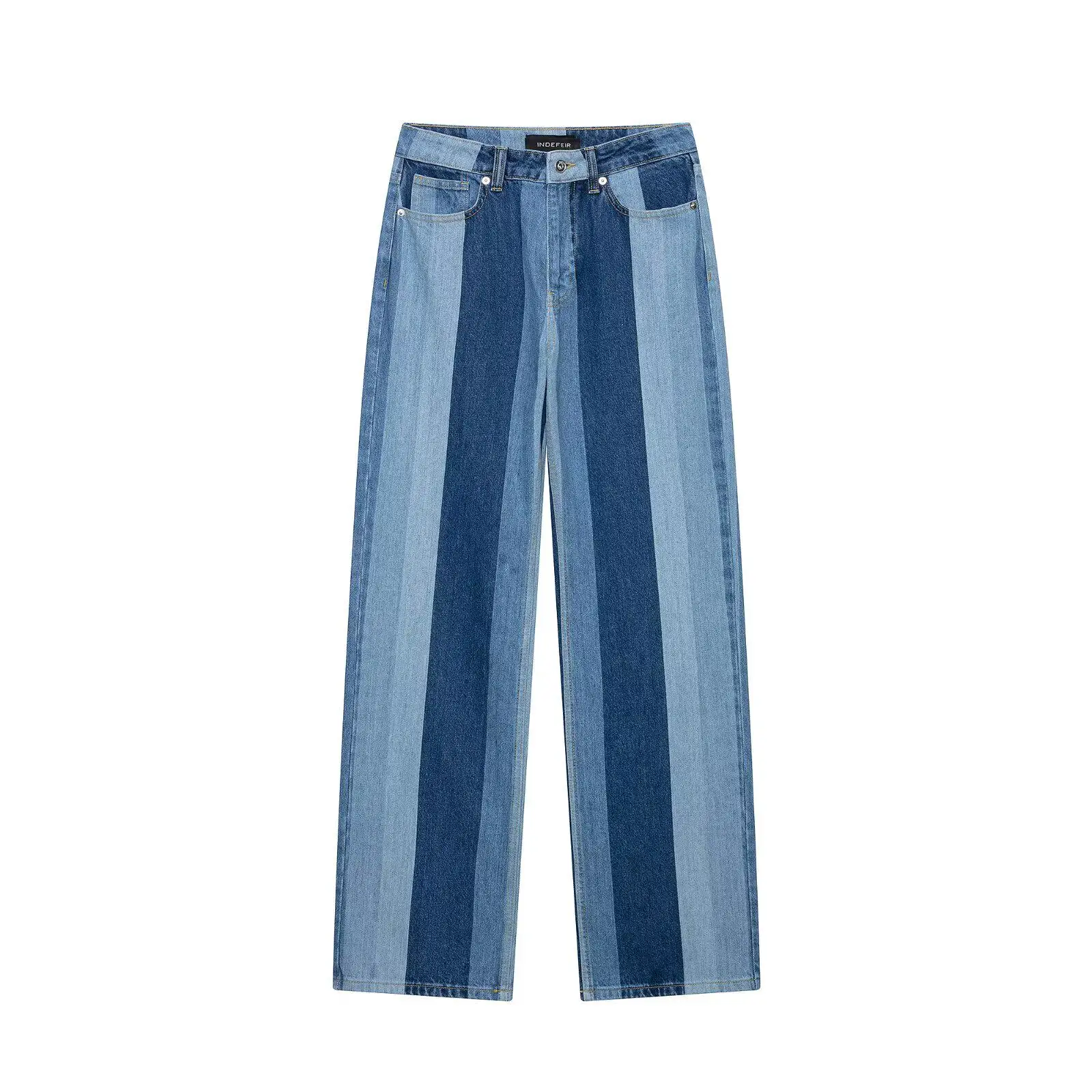

Blue Splicing Stripe Women's Jeans 2026 Autumn American Style High Street Zipper Straight Leg Pants Versatile Mid-waist Trousers