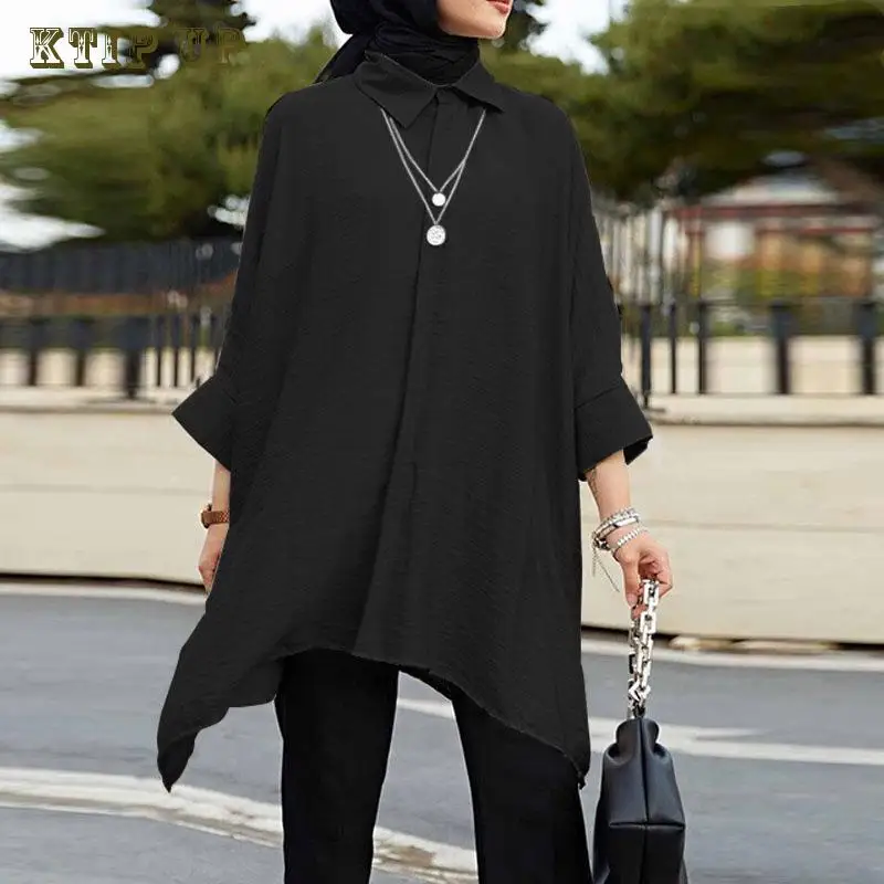 Muslim Lapel Neck Blouse for Women, Long Sleeve, Solid Loose Shirt, Casual Islamic Clothing, Stylish Abaya, Turkey, New Top