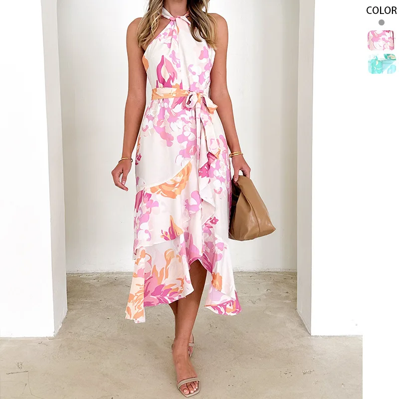 

Summer New Print Sleeveless Temperament Elegant Printed Slit Strap Dress for Women