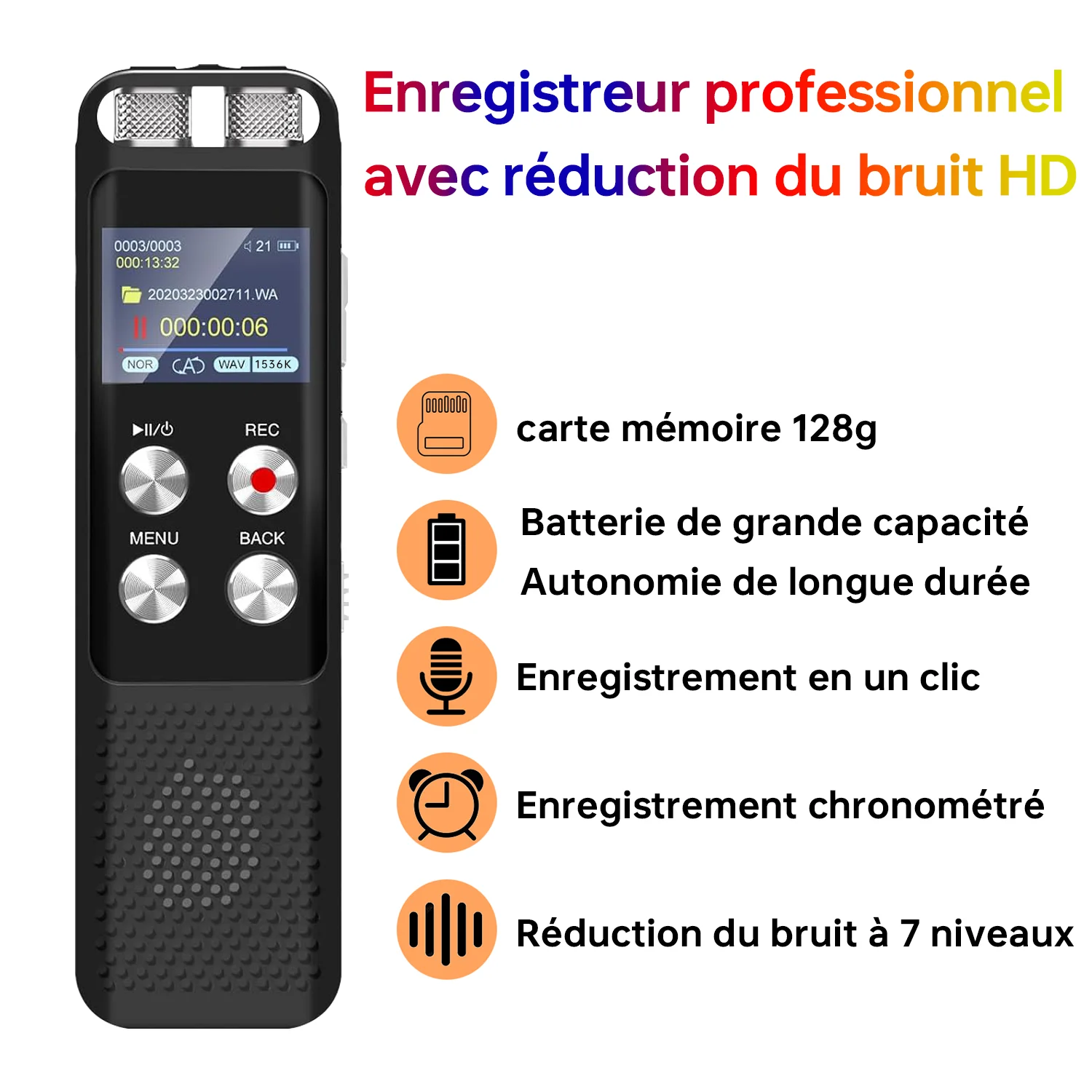 HISTARSHIP Capacité de stockage de 128 Go Enregistreur audio Lecteur de musique MP3 OTG Type-C Réduction du bruit Enregistrement Hi-Fi Idéal pour l'enregistrement en classe, en réunion et lors