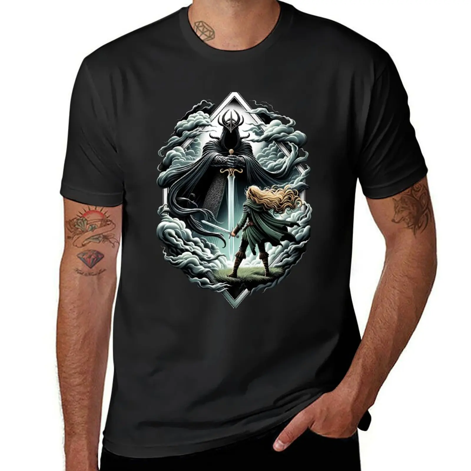 Epic Duel - A Fierce Maiden and a Dark Wraith - Fantasy T-Shirt vintage clothes tops mens graphic t-shirts anime