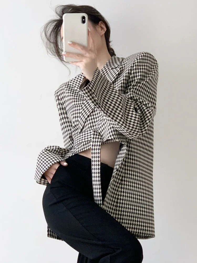 Irregular Blazers Women Temper Cropped French Elegant Plaid Streetwear Vintage Lace-up Clothing Hipsters Office Ladies Personal